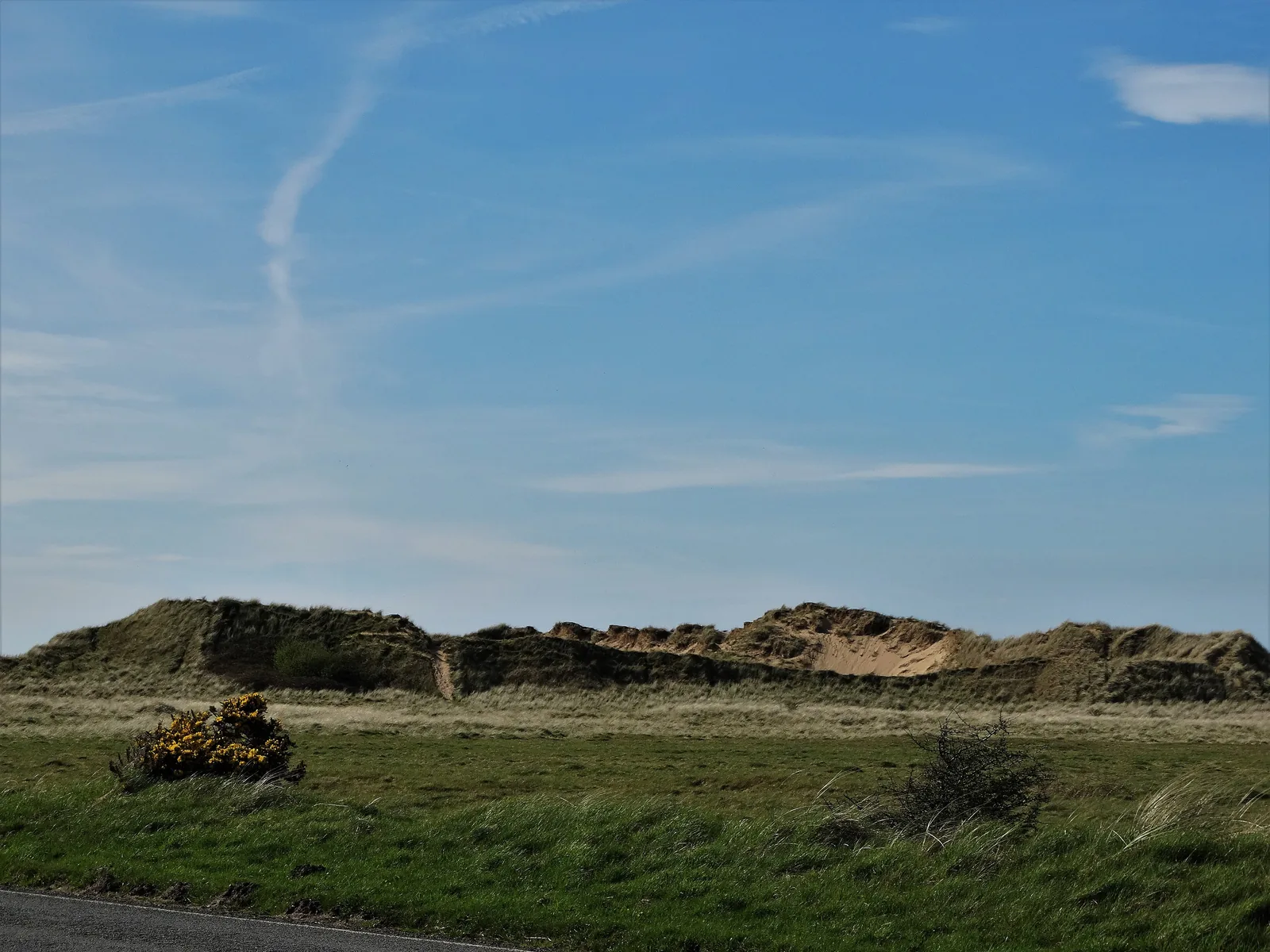 The marram-covered dune ridges of Tywyn Aberffraw running inland behind the beach