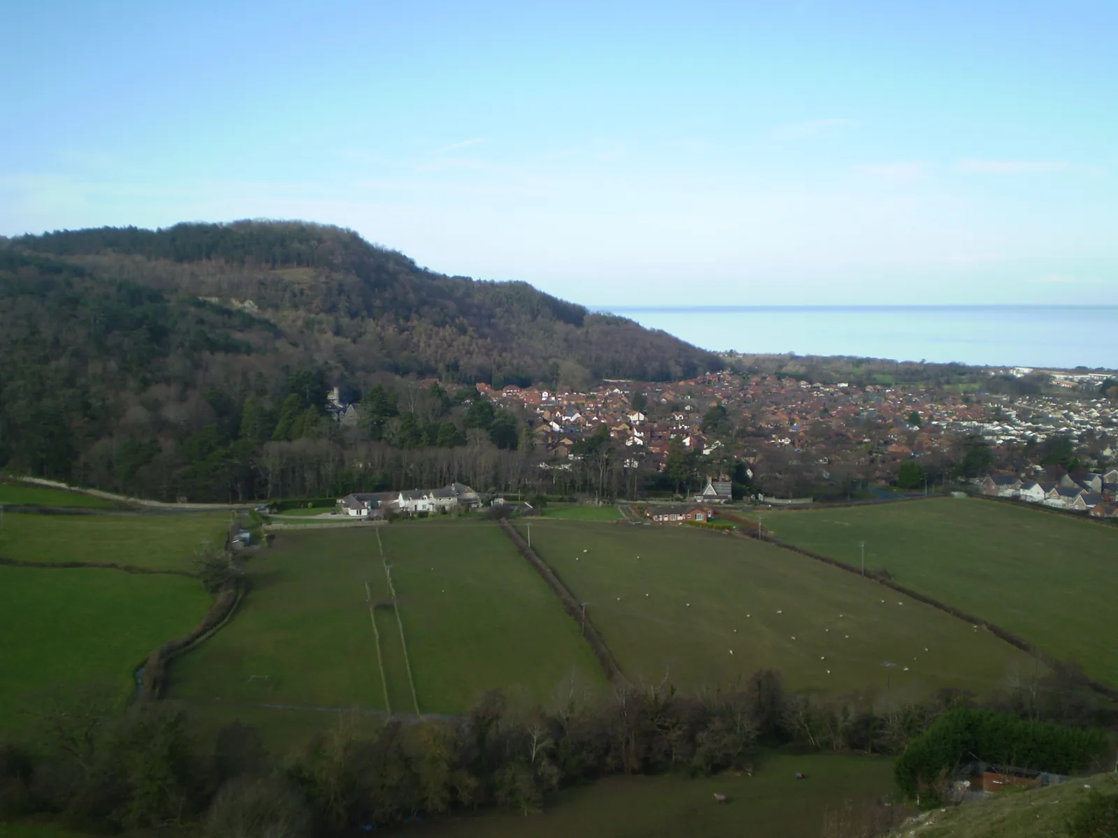 The wooded limestone hill of Y Gopa rising above fields and the rooftops of Abergele, the sea beyond to the right