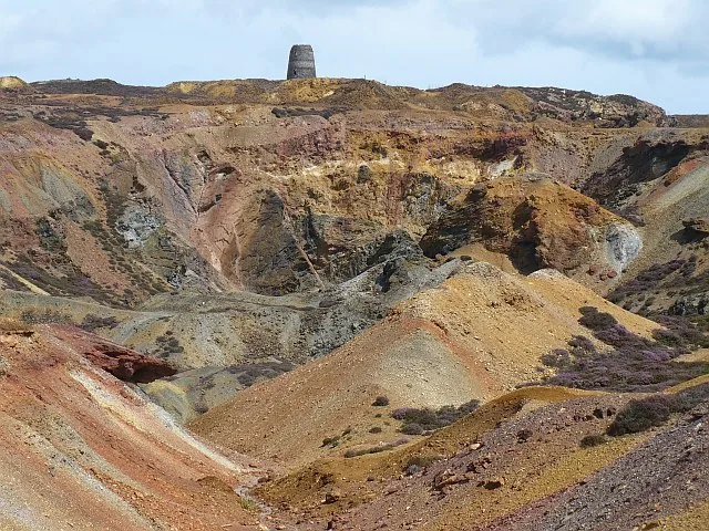 The rust, ochre and violet workings of Parys Mountain, Anglesey