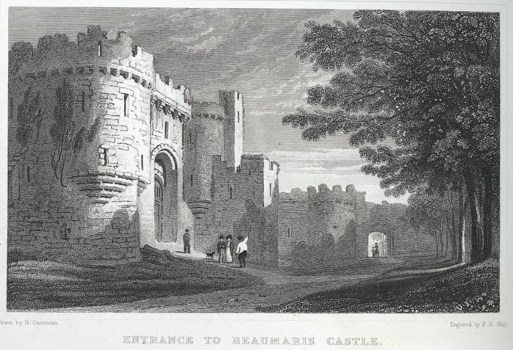 A nineteenth-century engraving of the entrance to Beaumaris Castle, figures small beneath the gatehouse.