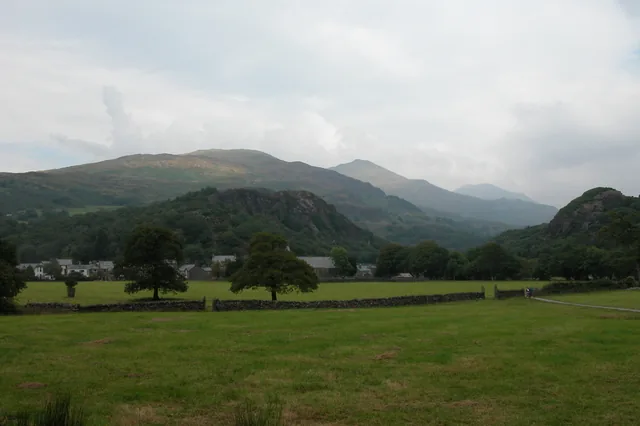 Beddgelert seen from the path to Gelert's Grave, Craig Wen rising behind