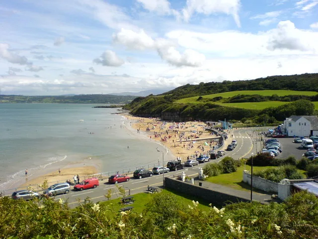 An elevated view of Benllech beach, promenade and the beachside car park, Anglesey.