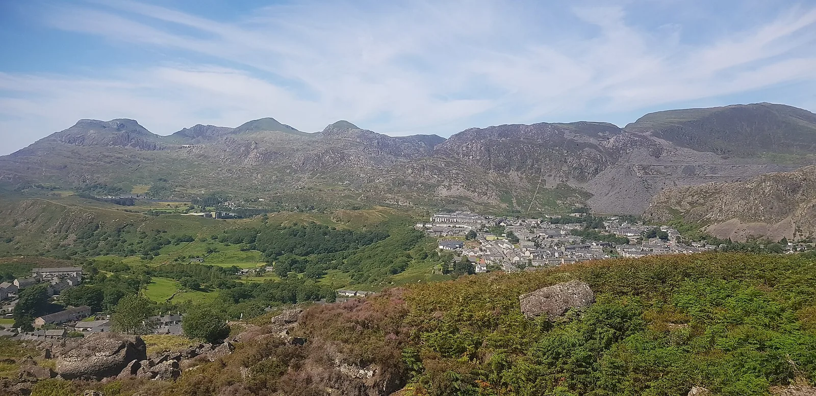 The mountains that hem in Blaenau Ffestiniog, seen in wide panorama