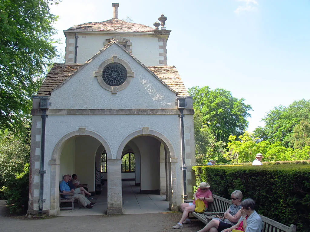 The Pin Mill at Bodnant Garden, an arched stone garden building originally built in Gloucestershire in the 1730s.