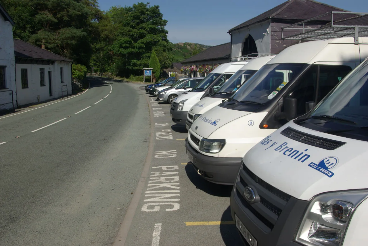 Minibuses outside Plas y Brenin, the National Mountain Sports Centre, Capel Curig