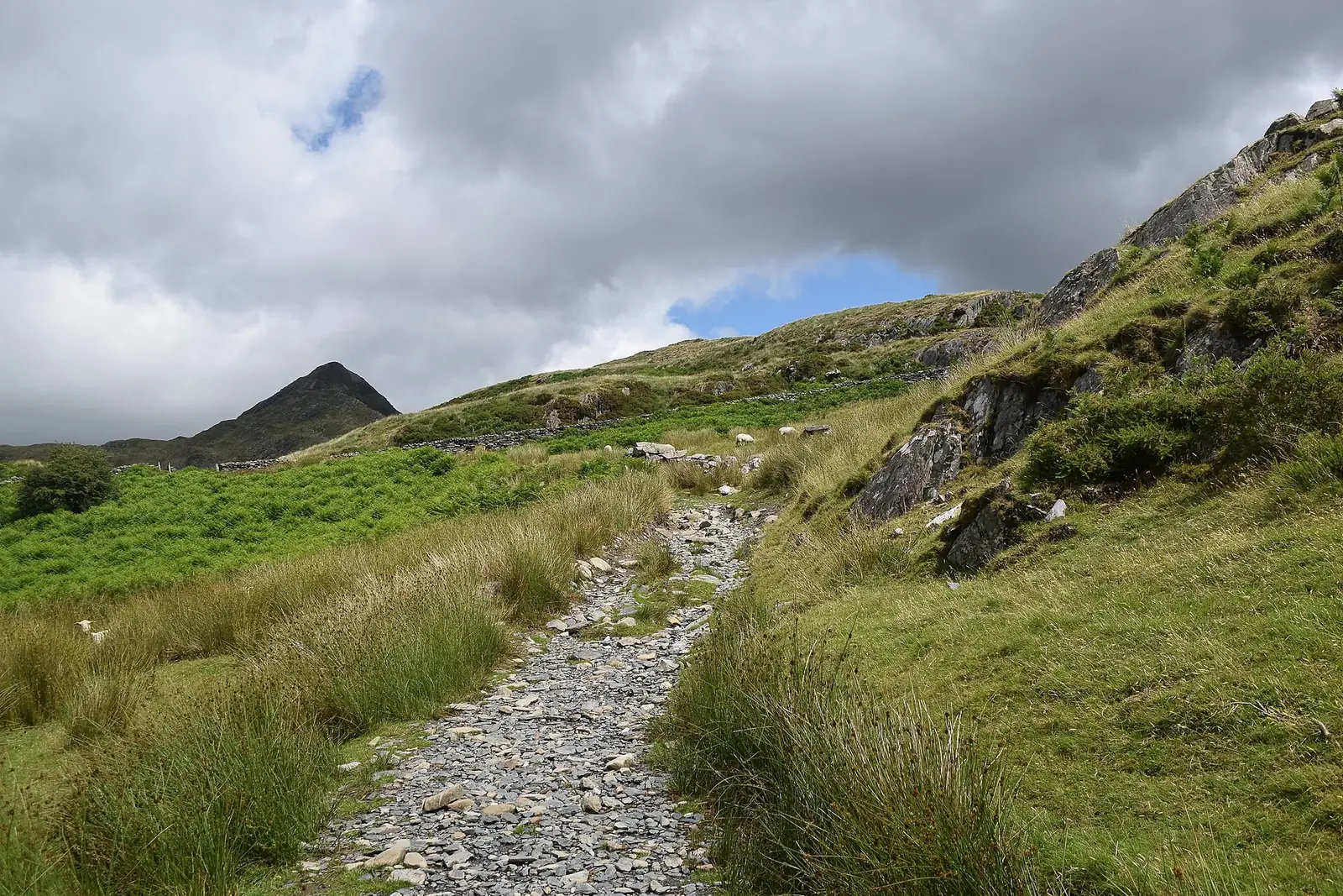 Walkers on the ridge climbing toward Cnicht from Croesor
