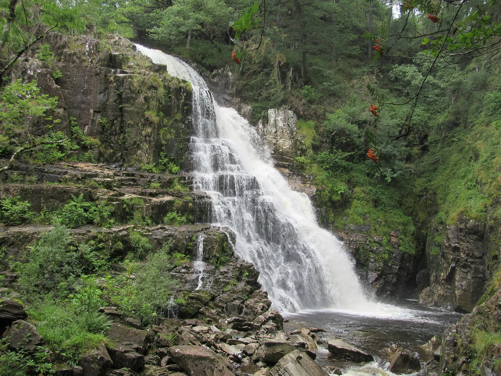 Pistyll Cain waterfall in full flow on the Waterfalls and Goldmines Trail.
