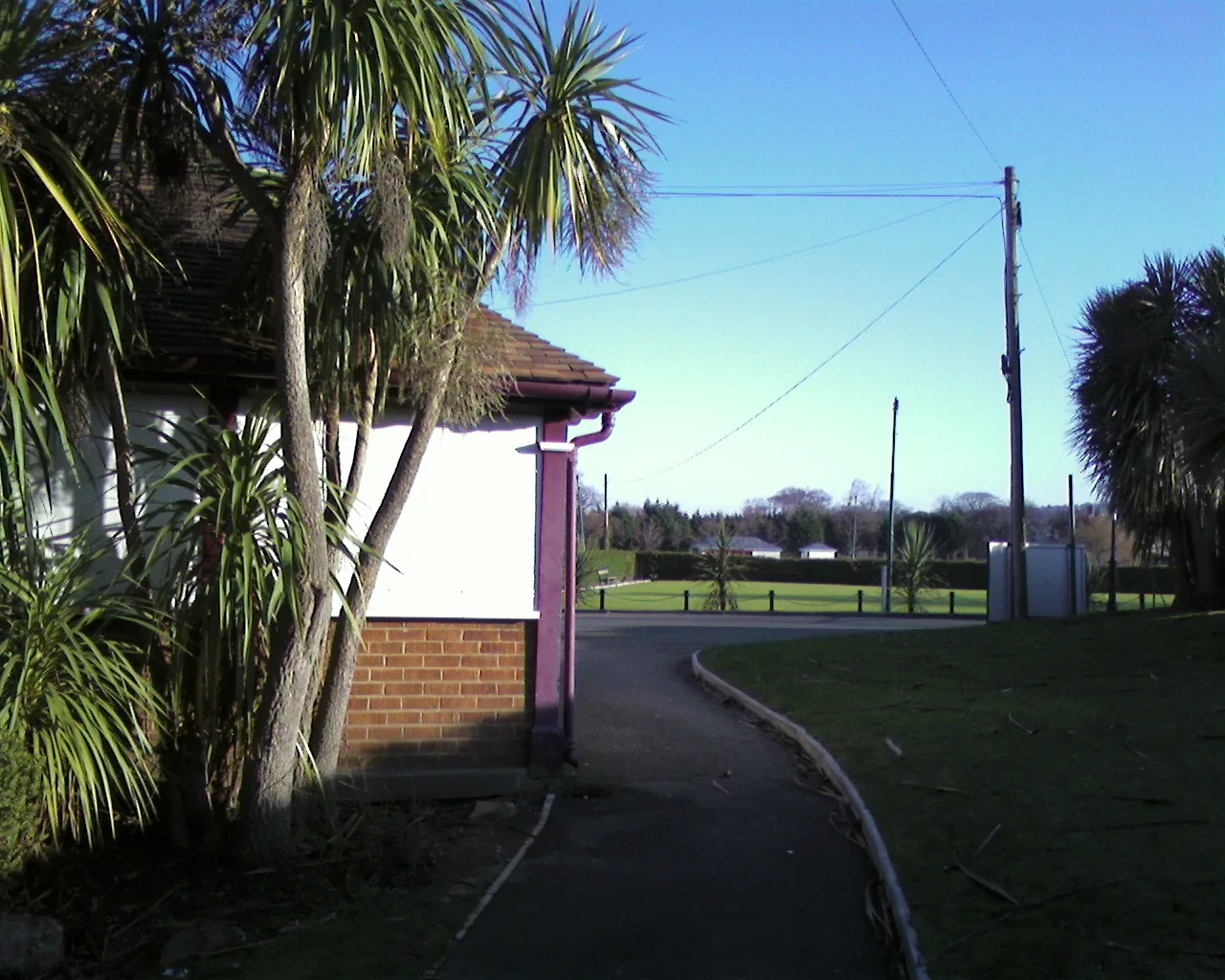 The bowling green and pavilion in Eirias Park, Colwyn Bay, palms along the edge of the green