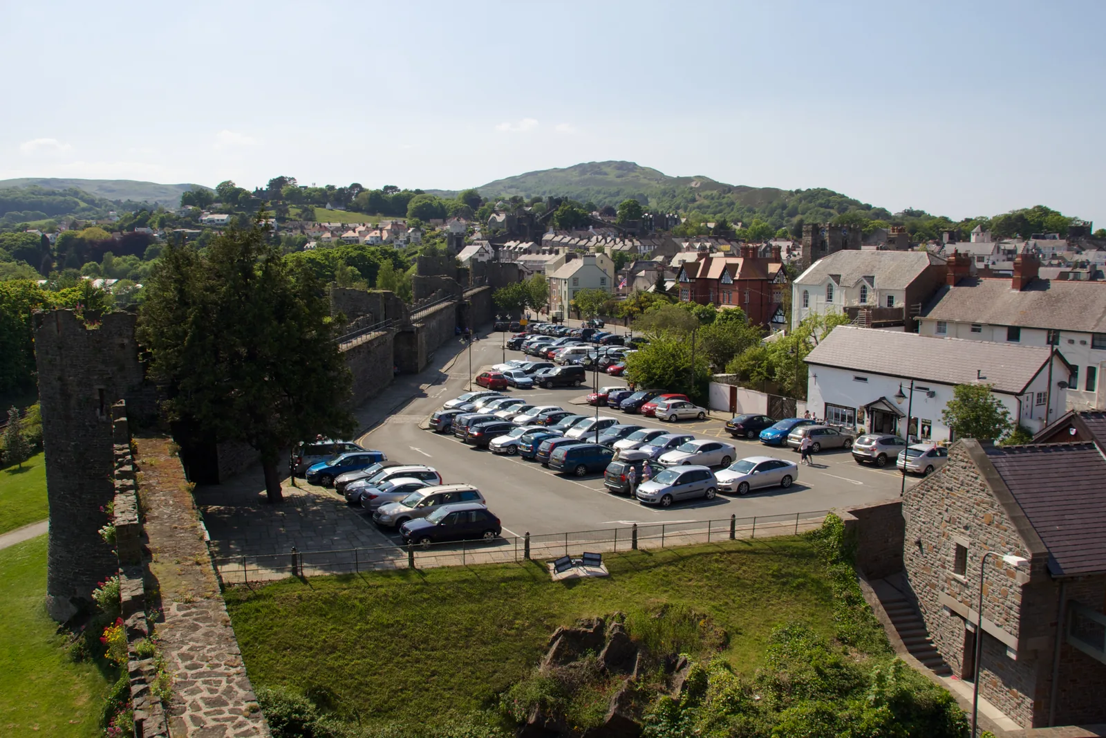 Looking down from Conwy's town walls over the streets and hills beyond
