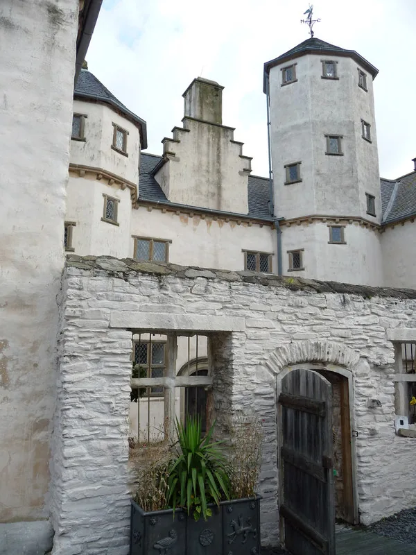 The exterior of Plas Mawr, an Elizabethan town house in Conwy, seen from the lower terrace