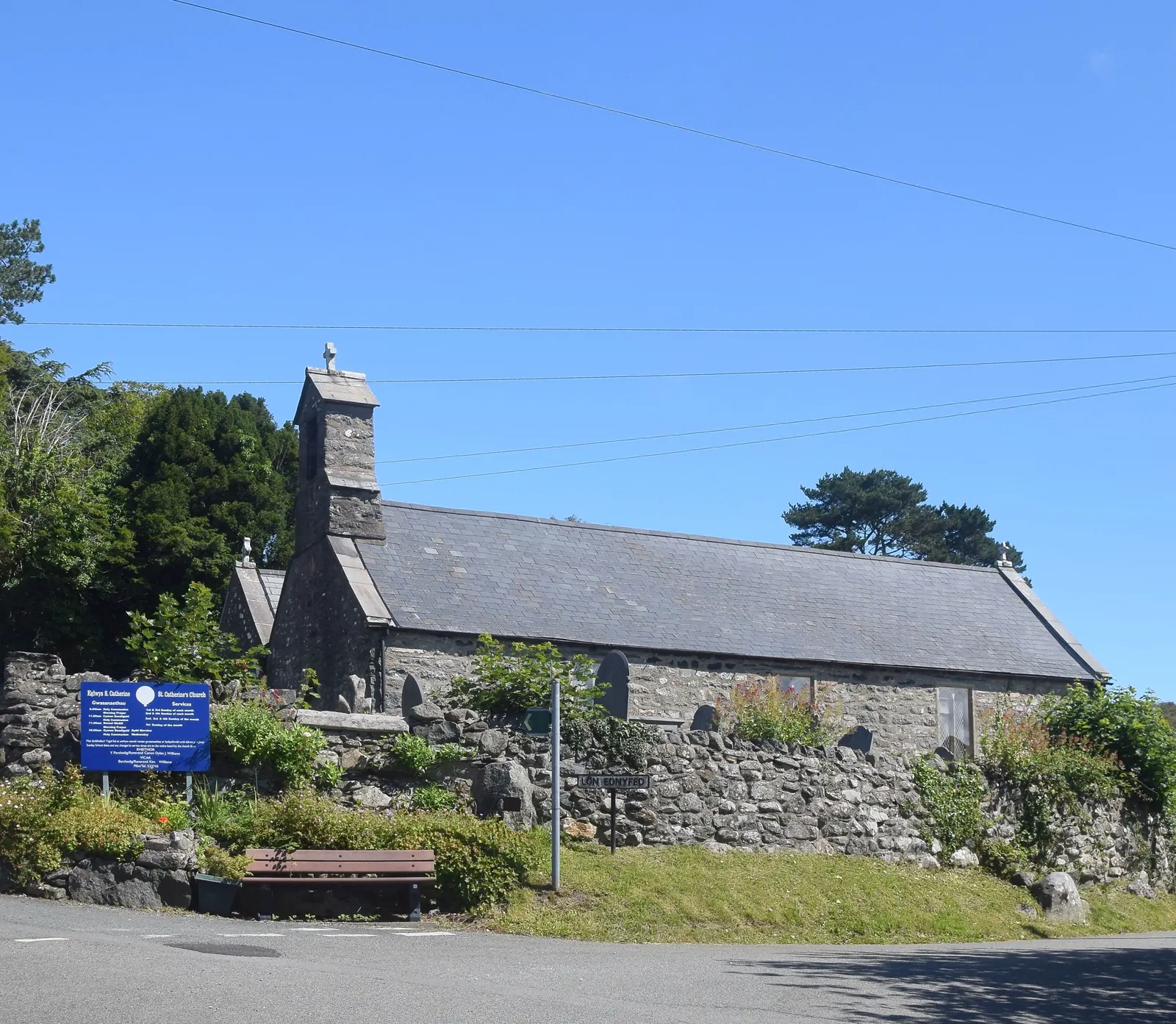 St Catherine’s Church on Lon Ednyfed, Criccieth, a stone building above the town