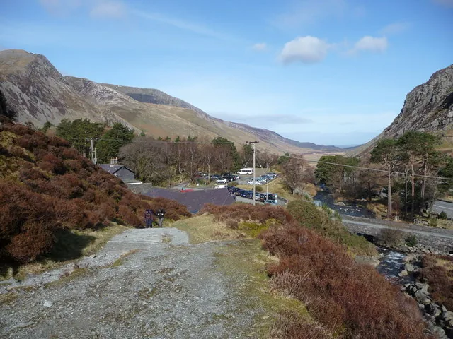 Looking back down the stone path from Cwm Idwal toward the Ogwen valley car park and the A5.