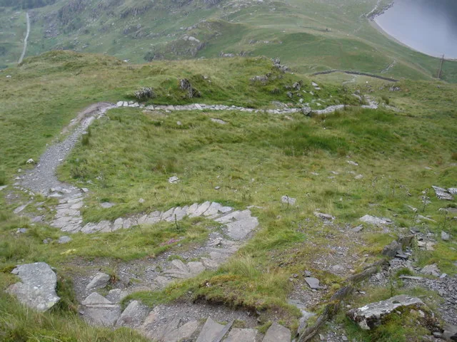 The stone-flagged zig-zag path leading down toward Llyn Idwal.
