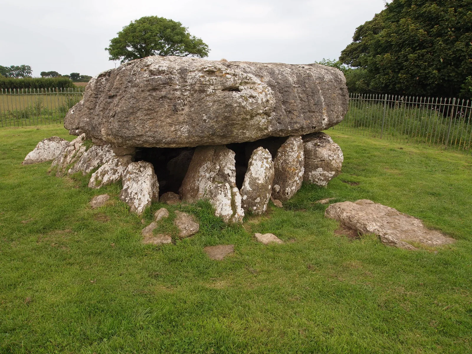 The Lligwy burial chamber seen head-on: the great capstone on its ring of uprights, a fallen slab in front.