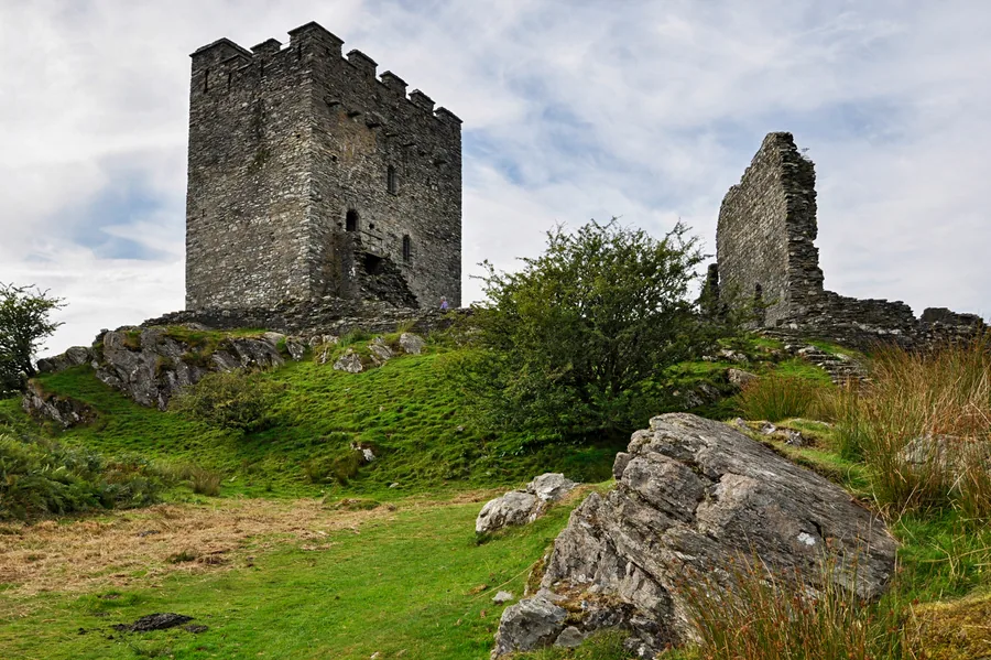 Dolwyddelan Castle's keep and ruined west tower standing on their rock above the Lledr valley.