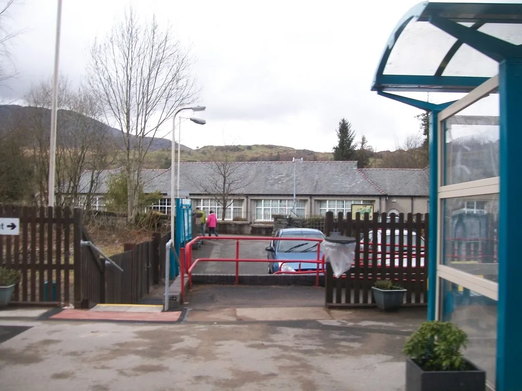 Ysgol Gynradd Dolwyddelan, the village primary school, seen from the railway station across its playground