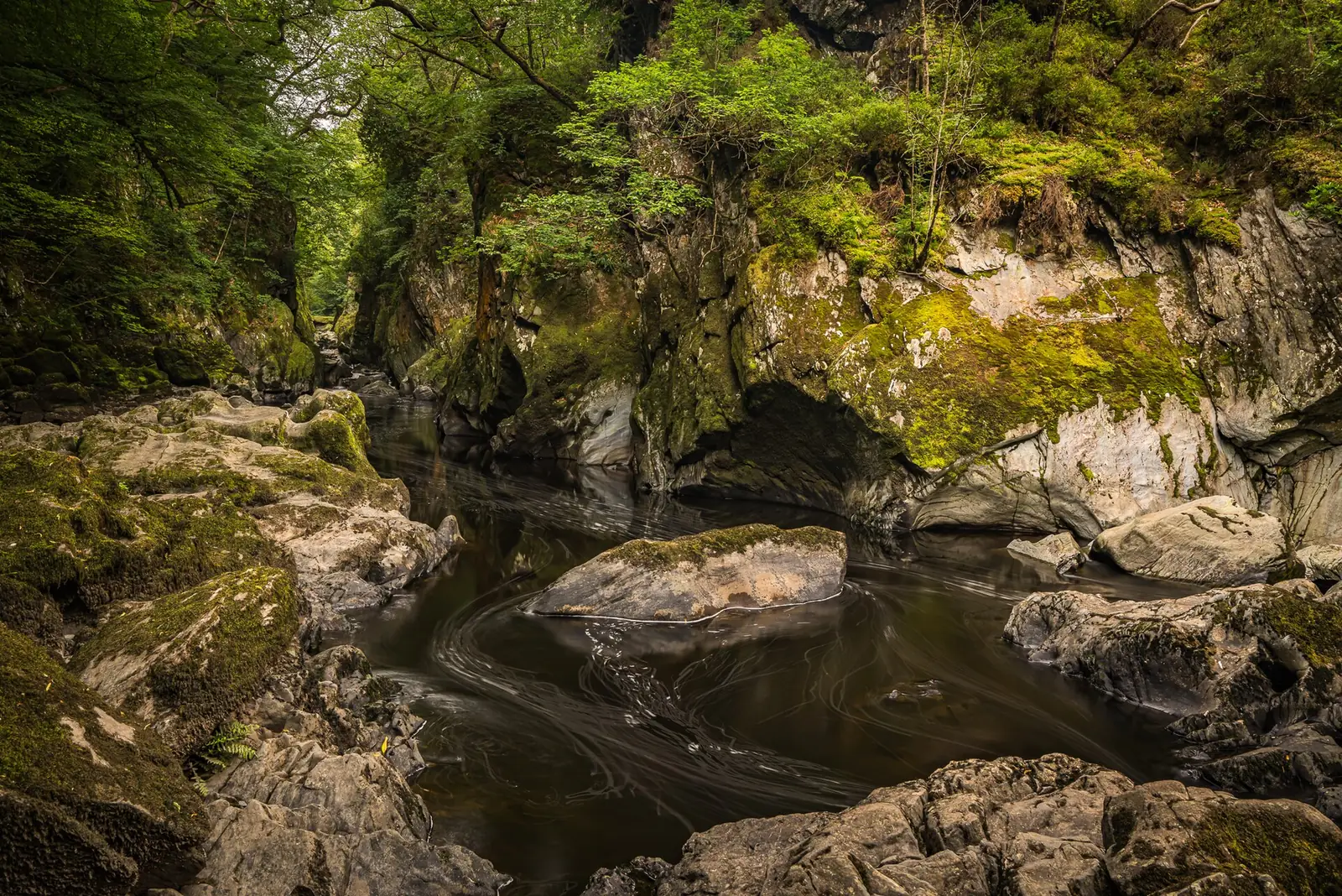 Water swirling slowly around a moss-covered boulder in the Fairy Glen gorge, framed by rock and woodland.