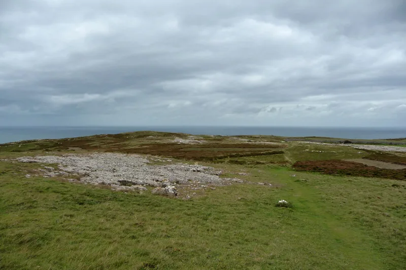 Limestone pavement and heathland on the Great Orme, with the sea beyond.