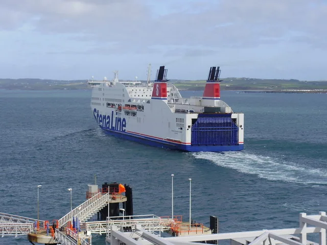 A Stena Line ferry leaving Holyhead harbour, Holy Island, Anglesey.