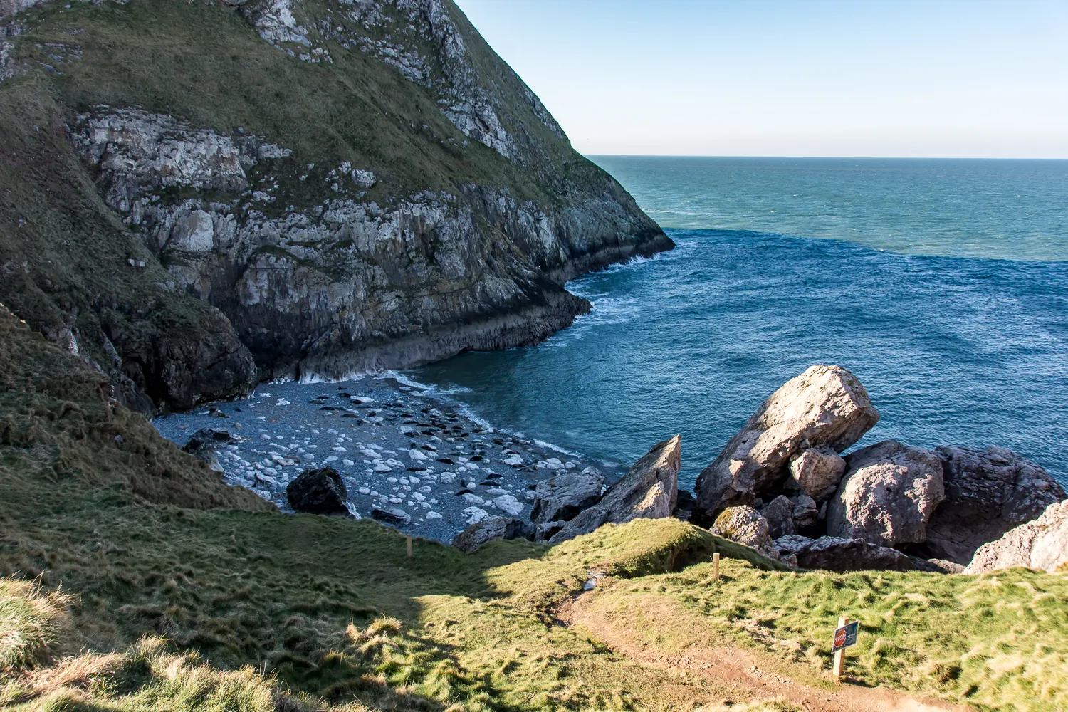 Angel Bay at the Little Orme, seen from the clifftop, with grey seals hauled out on the shingle beach far below.