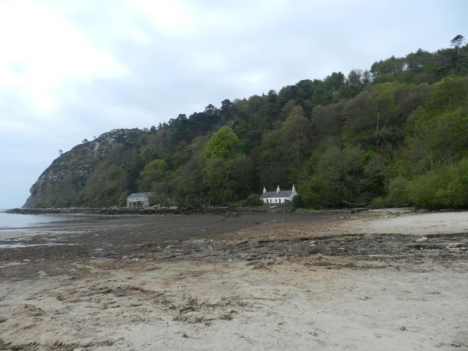 Two white cottages at the foot of the wooded cliff at the southern end of Llanbedrog beach, seen across wet sand