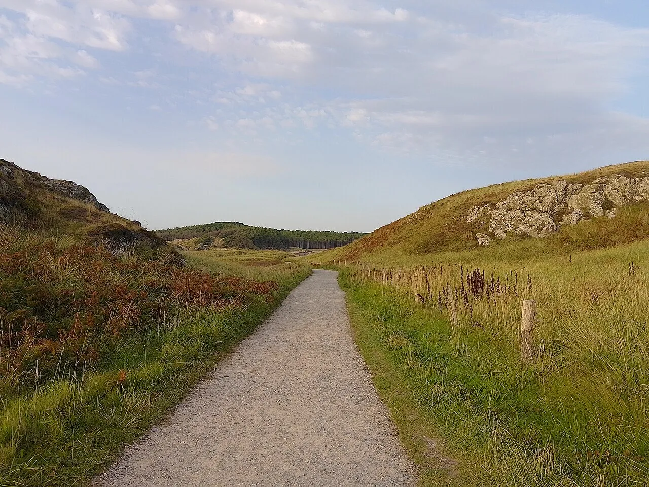 A grassy footpath winding along the rocky coast of Llanddwyn Island.