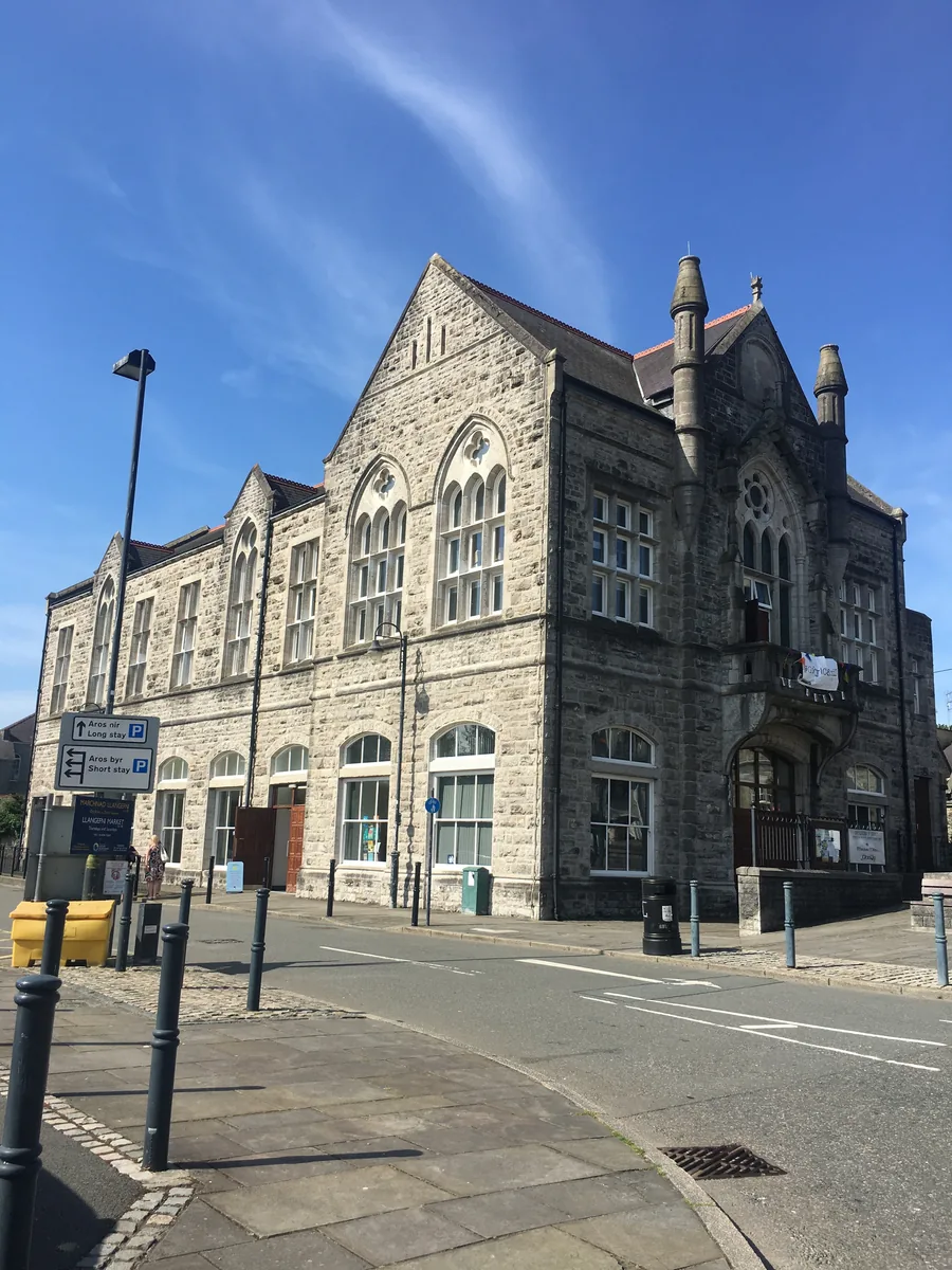 The Victorian stone frontage of Neuadd y Dref, the town hall in Llangefni, Anglesey's county town.