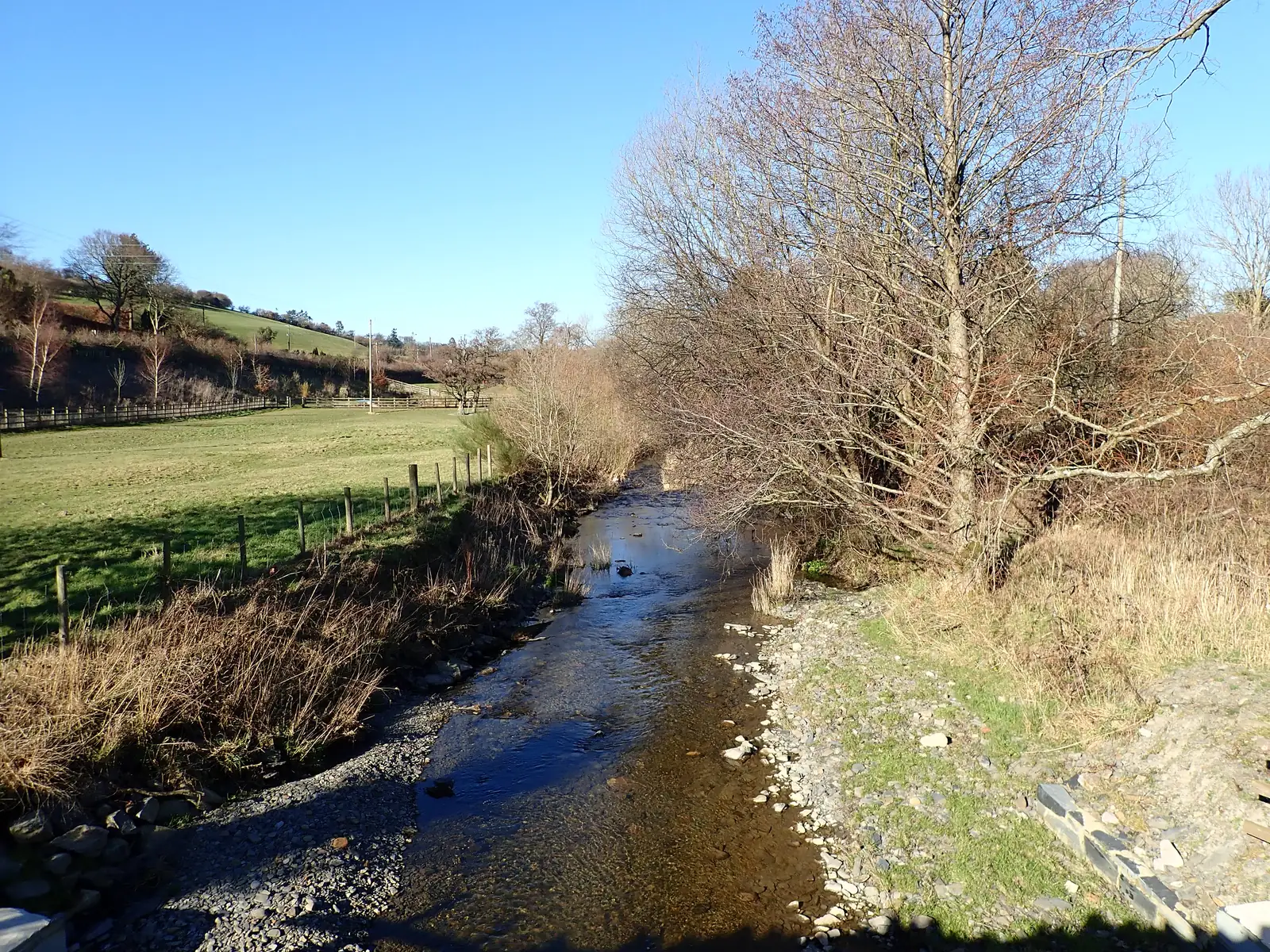 The river running through winter fields south of Llangernyw