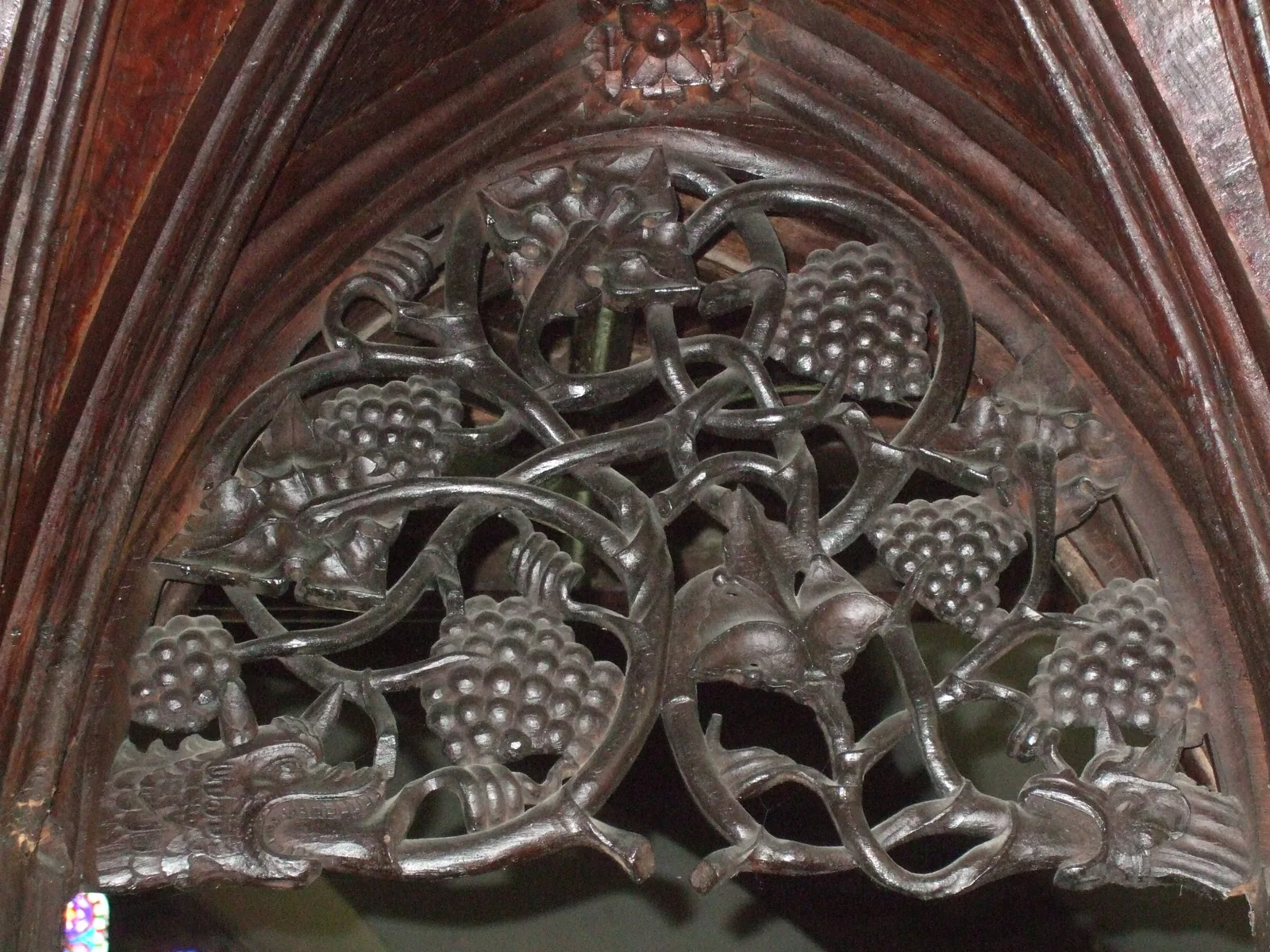 Carved detail on the 15th-century rood screen at St Grwst's Church, Llanrwst