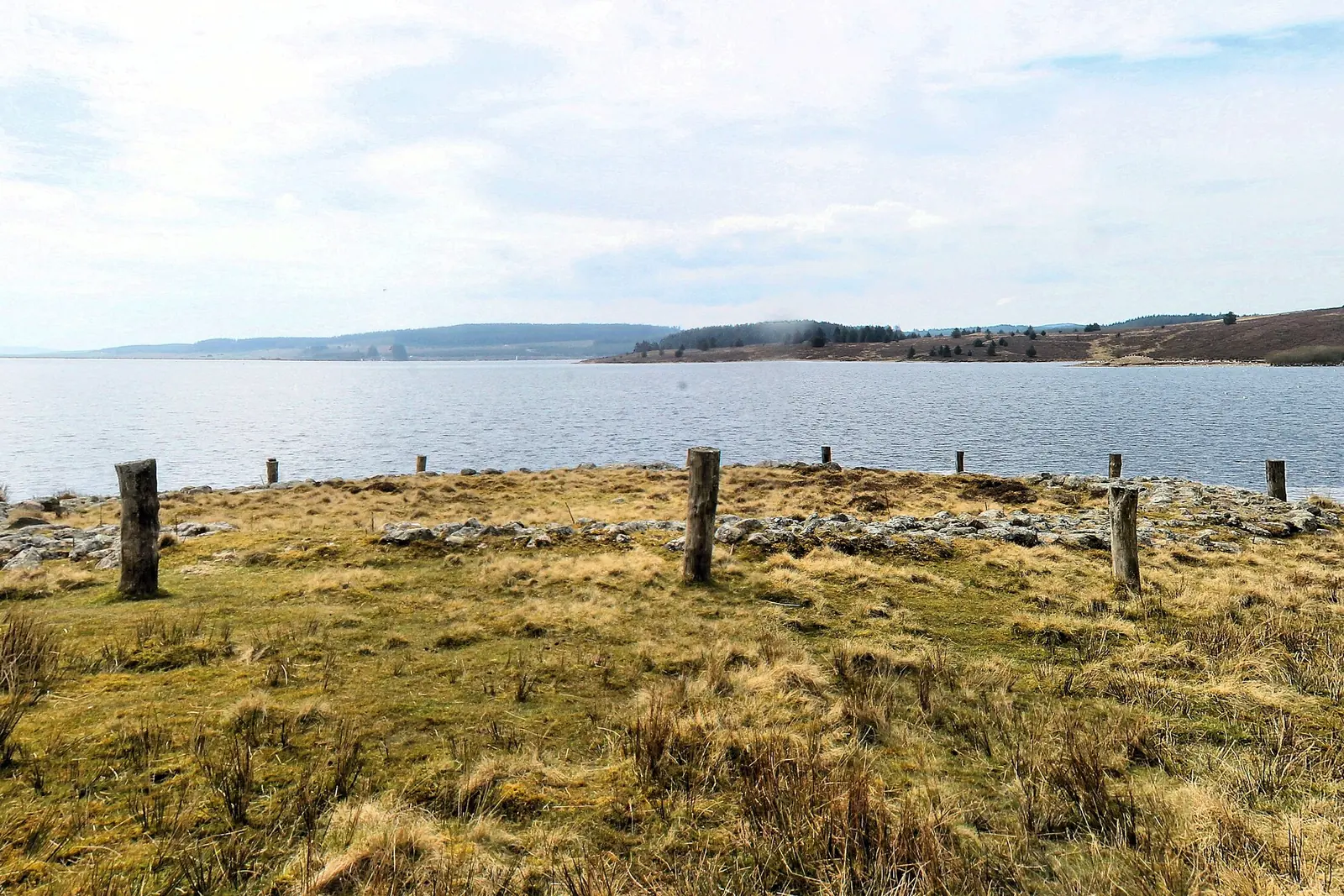 A ring of upright wooden posts standing in moorland grass beside the Brenig Archaeology Trail, with Llyn Brenig behind.