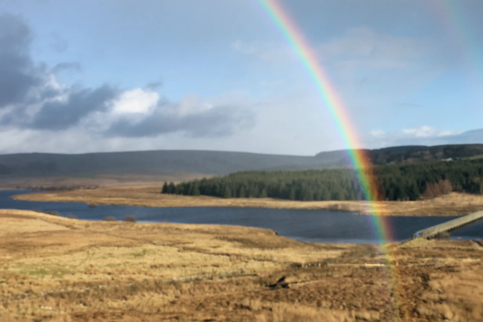 A rainbow standing over Alwen Reservoir and the surrounding moorland of Mynydd Hiraethog.