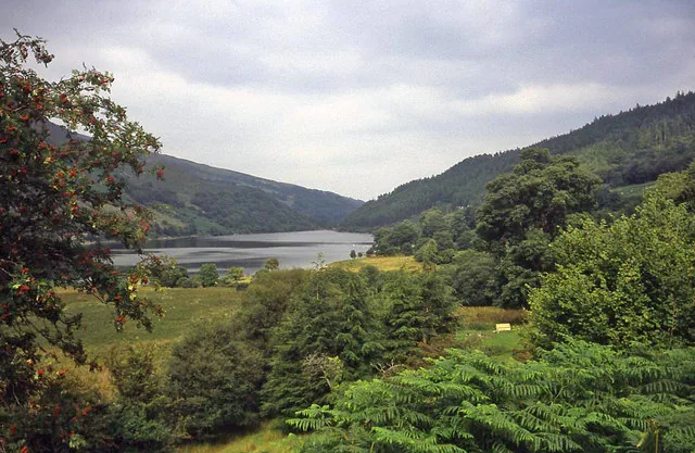 Llyn Crafnant, a lake in Gwydir Forest, Conwy Valley, seen from Maes Mawr looking down its length.