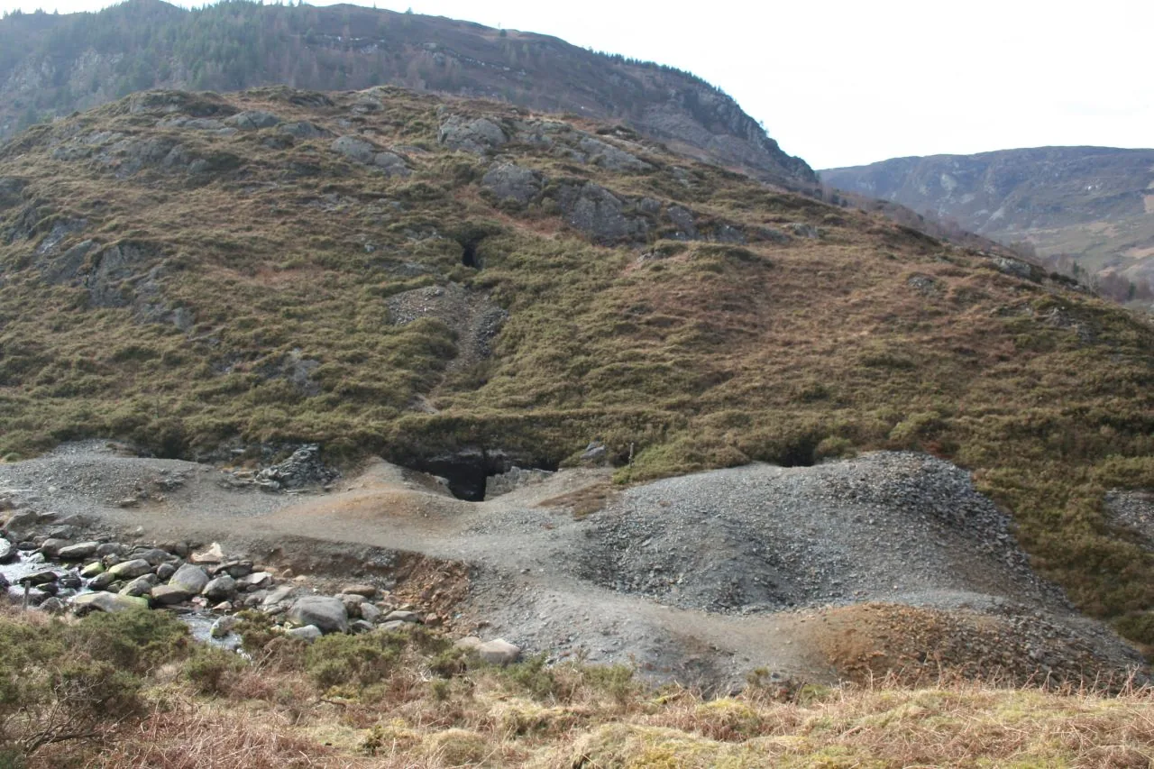 Bryn Cenhadon Mine, mining remains below Llyn Geirionydd.