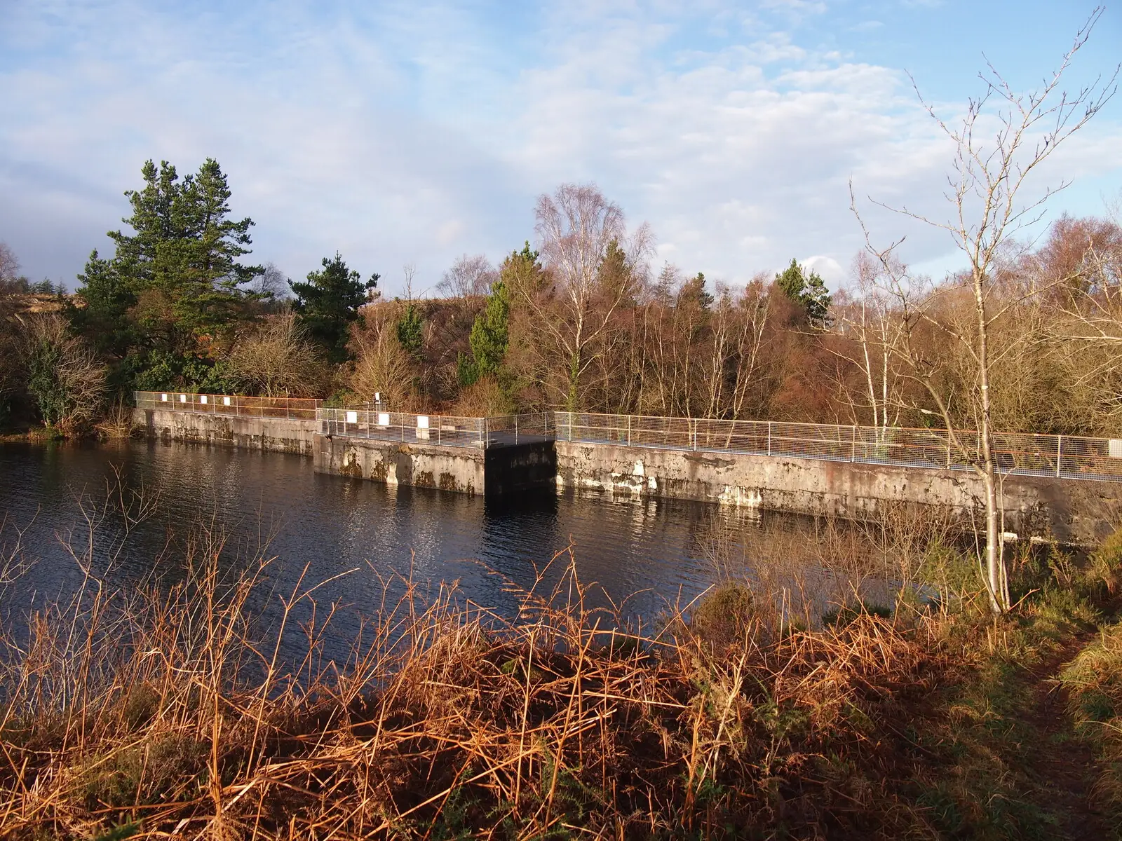 The concrete dam at Llyn Elsi, a low railed wall crossing the water with a dark outlet at its centre.