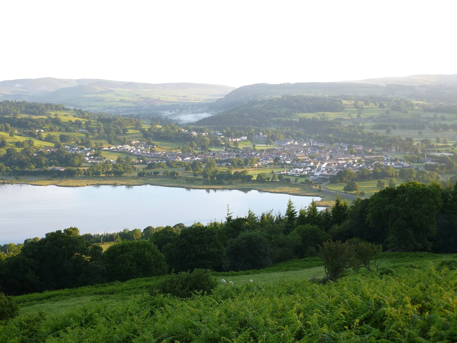 Bala town and Llyn Tegid seen together from Llangywer.