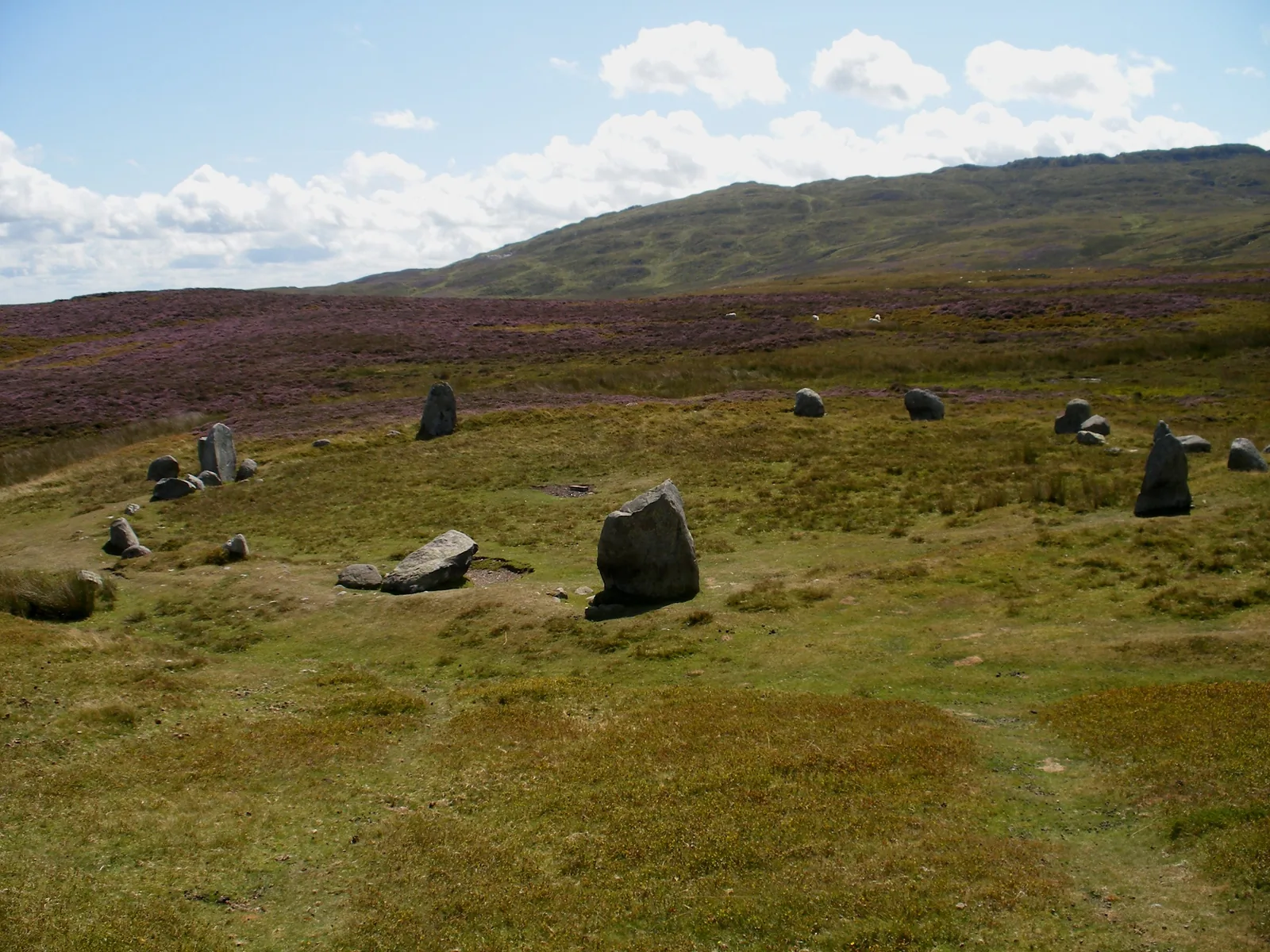 The stone circle of Meini Hirion on the moorland of Cefn Coch, its low stones spread across rough grass