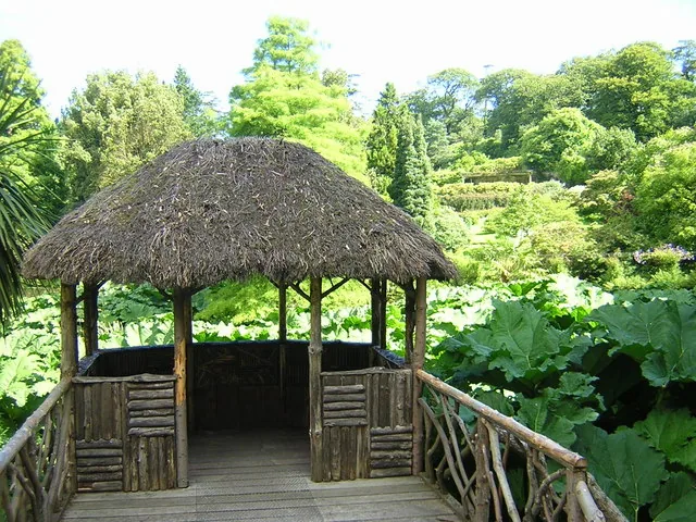 A rustic thatched shelter overlooking the Bog Garden at Penrhyn Castle, with large-leaved bog planting below.