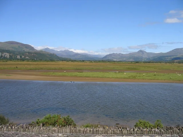 Snowdonia's mountains seen from the Cob at Porthmadog