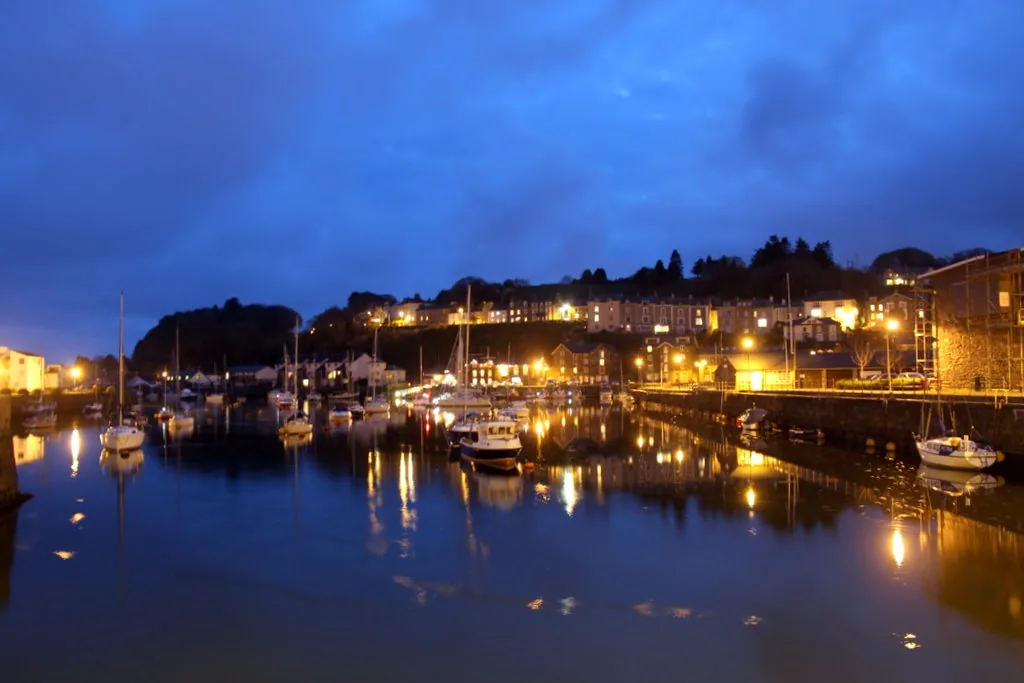 Porthmadog harbour at dusk, seen from the Cob