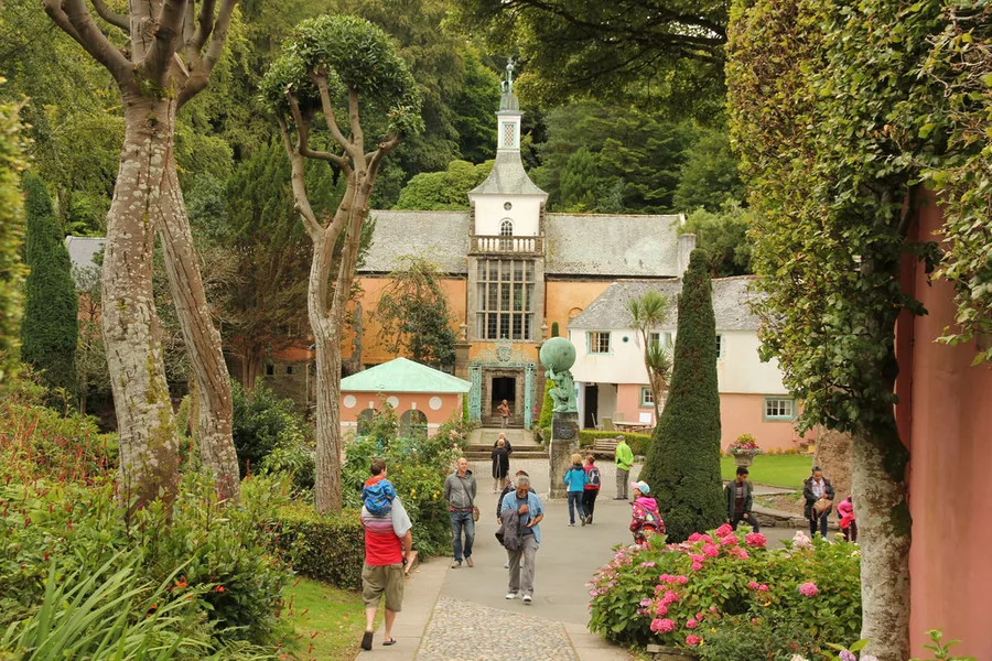 Portmeirion's central piazza, a colourful Italianate square of pastel terraces and a campanile at the heart of the village.