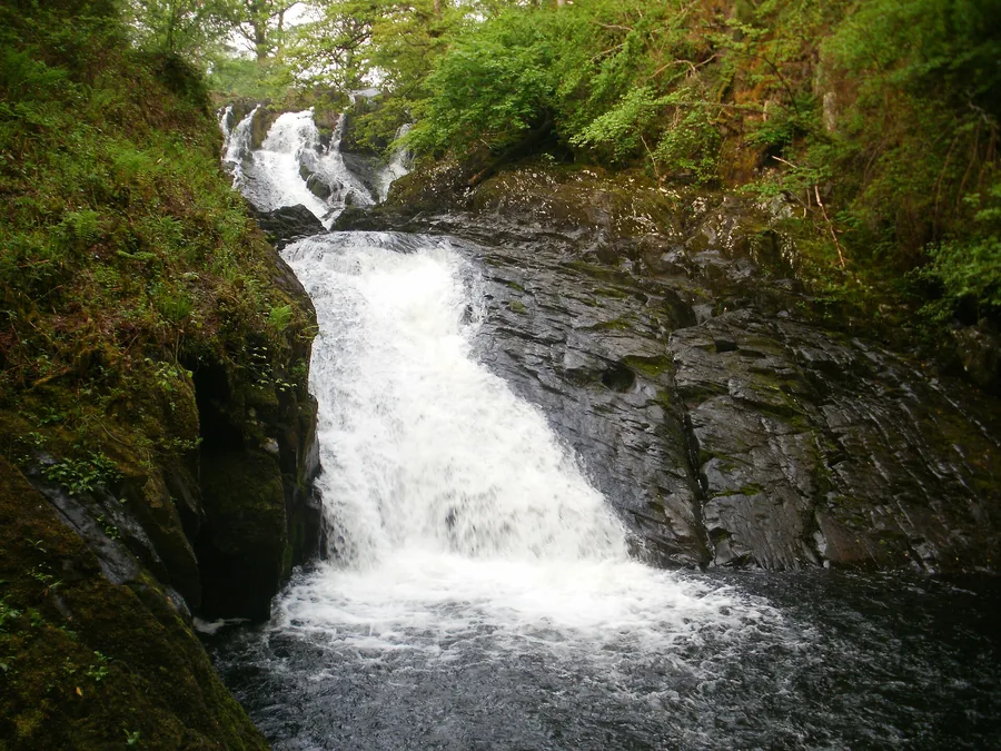 The Afon Llugwy dropping over the rock steps of Swallow Falls in woodland near Betws-y-Coed, Conwy.