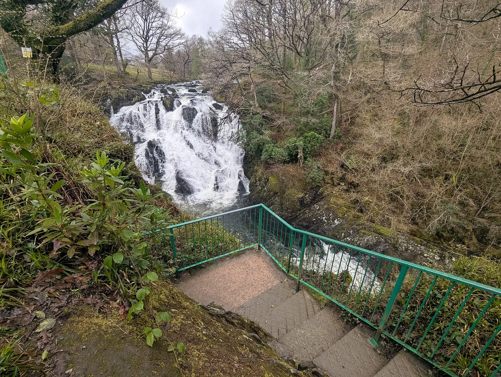 Steps with a green railing leading down to the viewing platform at Swallow Falls, the cascade visible beyond.