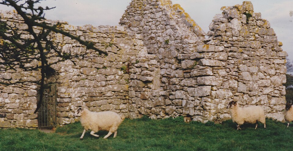 The roofless stone walls of Capel Lligwy, a medieval chapel ruin near Traeth Lligwy.