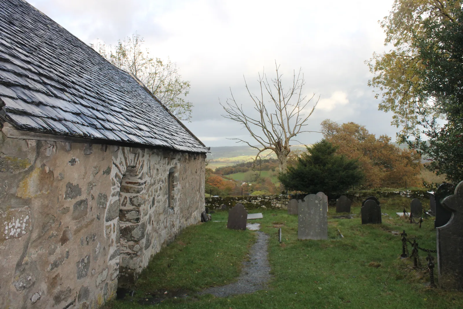 St Rhychwyn's Church at Llanrhychwyn, its low stone wall and slate roof above a sloping graveyard with the valley beyond