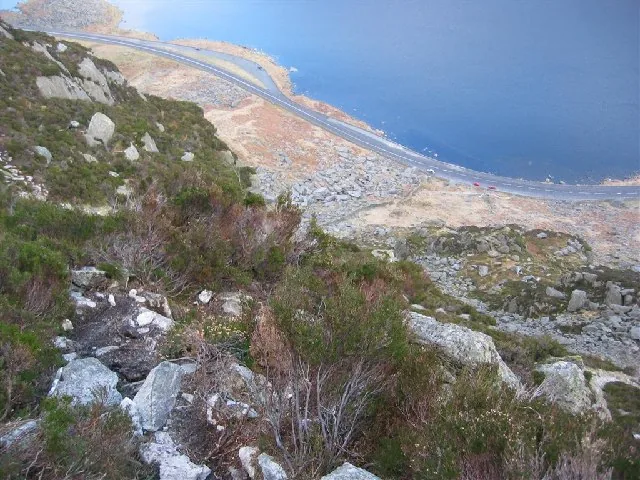 Llyn Ogwen and the A5 seen from Tryfan's North Ridge