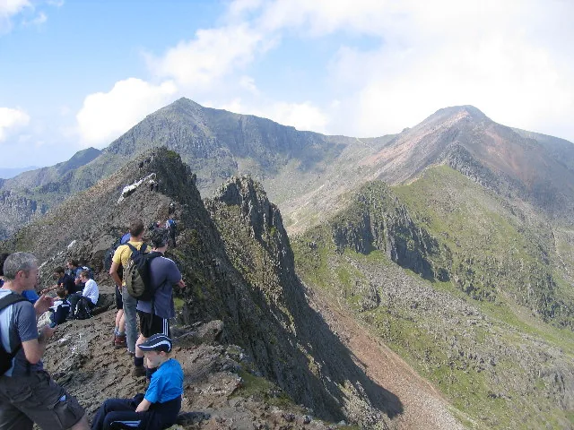 The knife-edge ridge of Crib Goch with the Snowdon summit beyond