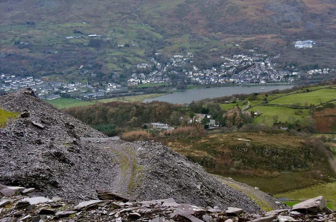 The slate town of Llanberis and Llyn Padarn seen from the Dinorwig quarry workings