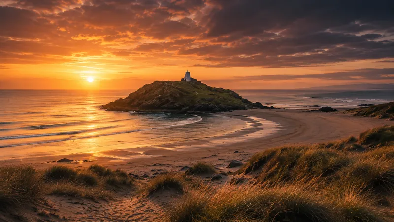 Ynys Llanddwyn, the tidal island at the western end of the beach.